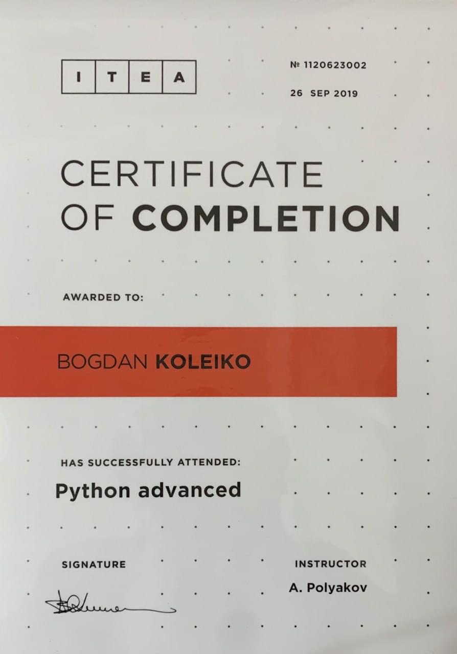 Sertificate of completed Python course